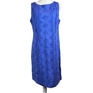 Chetta B Lined Sheath Dress Back Zip Crochet Look Periwinkle Blue 14
